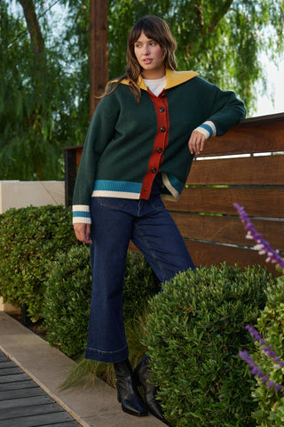 Colorblock Collared Button-Down Knit Cardigan