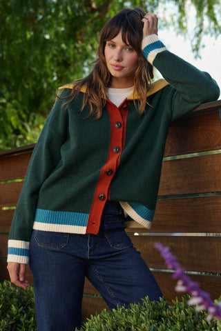 Colorblock Collared Button-Down Knit Cardigan