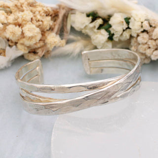 Silver Crossed Lines Hammered Cuff Bracelet
