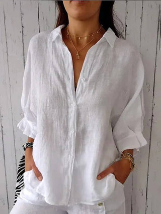 White Belted Cotton Linen Blouse