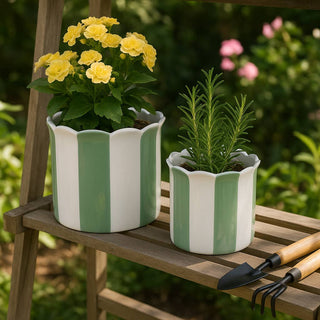 Green/White Ceramic Striped Planters