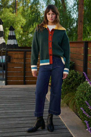 Colorblock Collared Button-Down Knit Cardigan