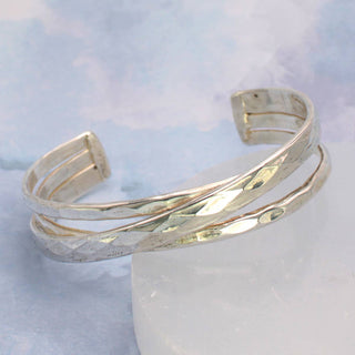Silver Crossed Lines Hammered Cuff Bracelet