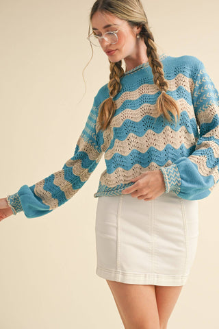 Wavy Stripe Puff Sleeve Sweater