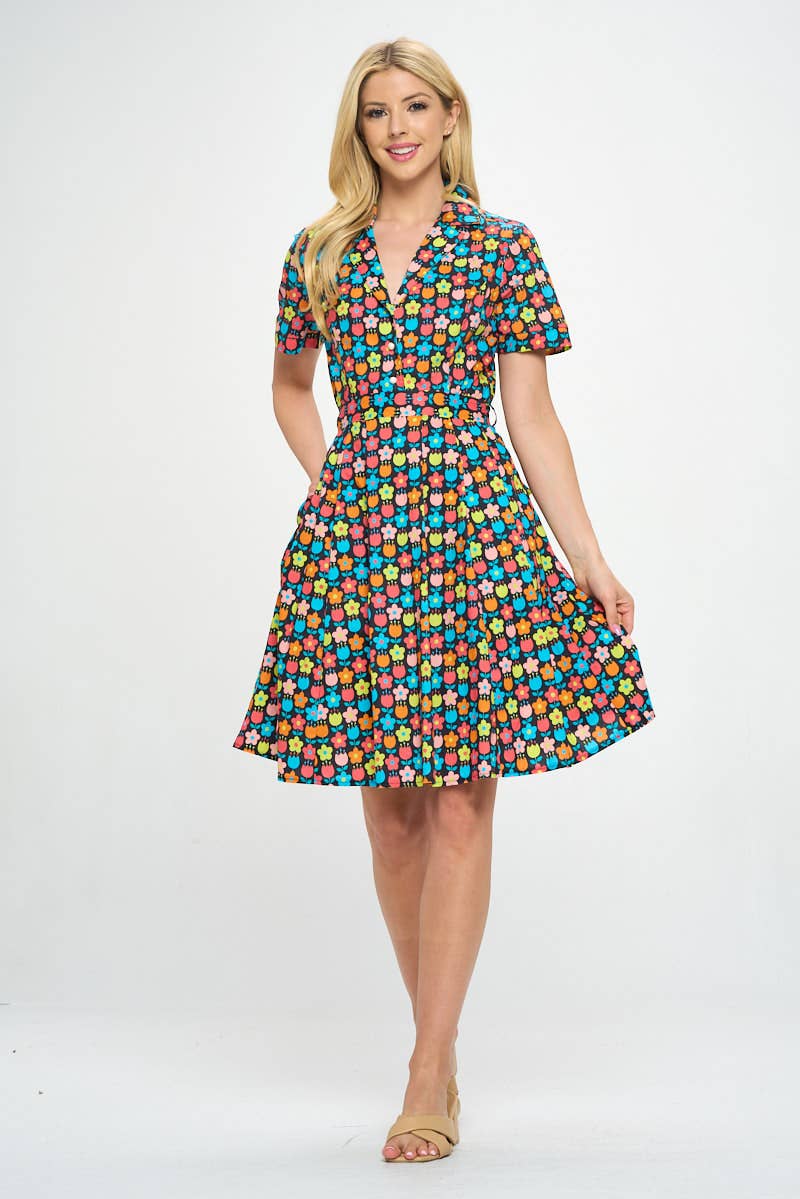 Retro Flower Print Fit & Flare Cotton Dress S Retro Flower Print Fit & Flare Cotton Dress S