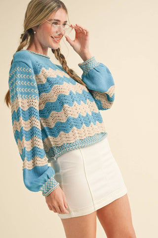 Wavy Stripe Puff Sleeve Sweater