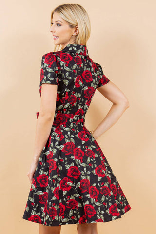 Retro Rose Print Fit & Flare Dress