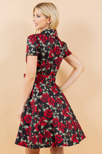 Retro Rose Print Fit & Flare Cotton Dress L