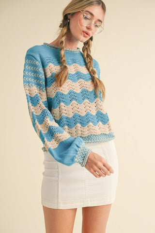 Wavy Stripe Puff Sleeve Sweater