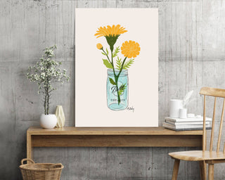 Mason Jar Marigolds - floral illustration prints