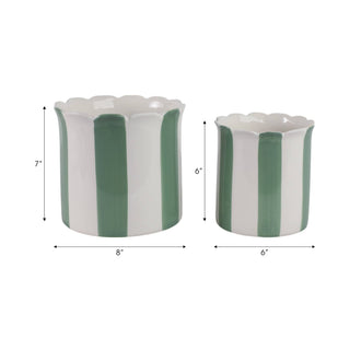 Green/White Ceramic Striped Planters