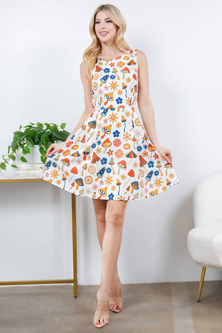 Retro Mushroom Print Skater Dress