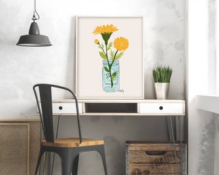 Mason Jar Marigolds - floral illustration prints