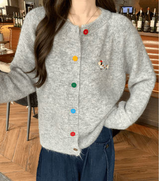 Womens Vintage Embroidered Dog Cardigan Sweater