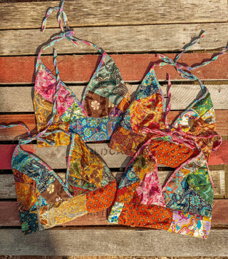 Boho Hippie Recycled Patchwork Silk Bralette - Only size 2/3X left