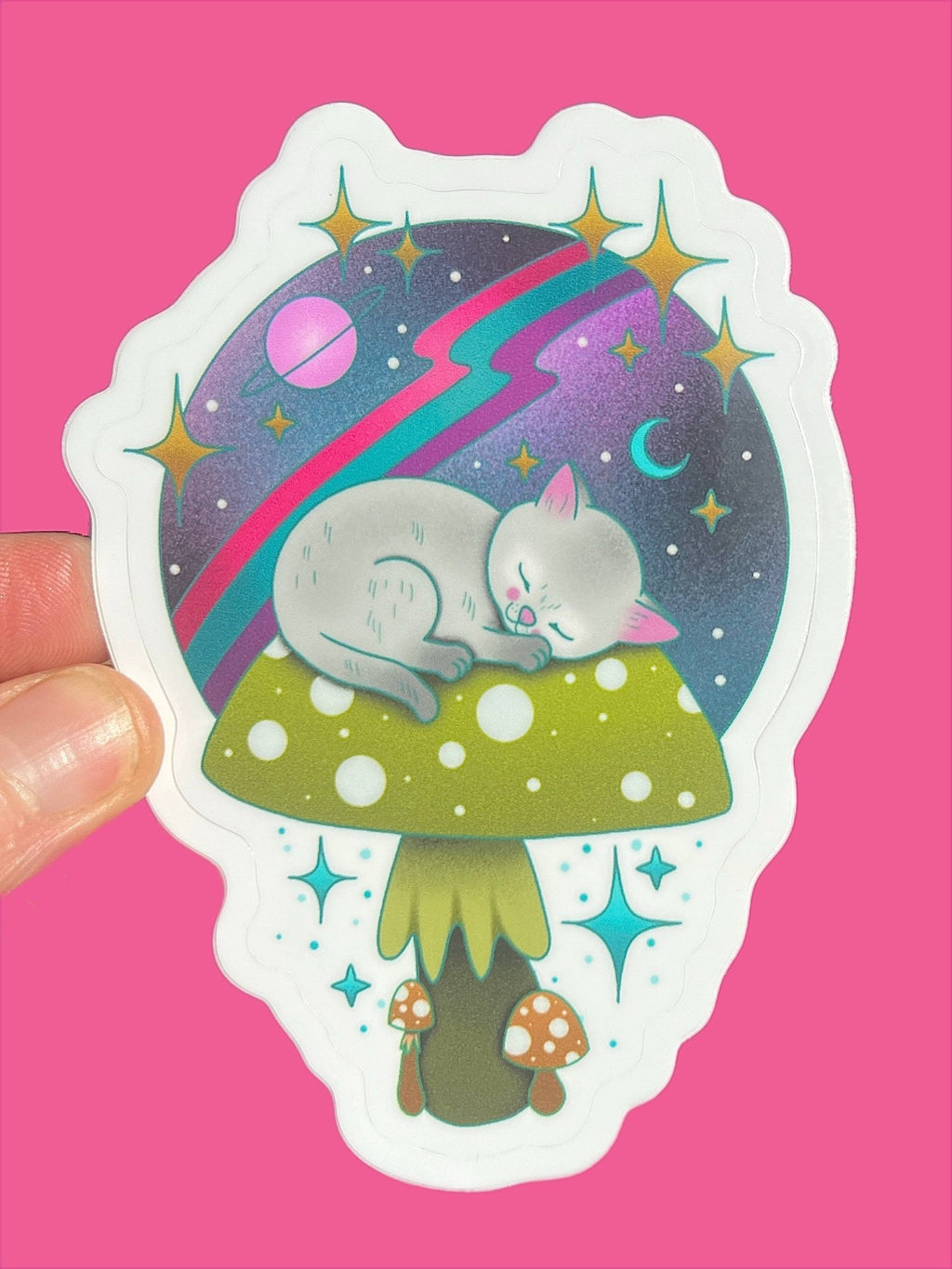 Space Kitty Cat Sleeping on Mushroom Sticker – Little Hippie