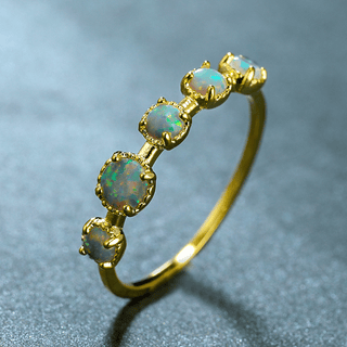 Round Blue Opal Cabochon Stacking Band Ring in Solid Copper