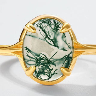 Gold Oval Moss Agate Sterling Silver Ring
