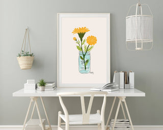 Mason Jar Marigolds - floral illustration prints