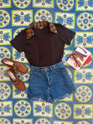 Vintage 1970s Brown Jersey Sporty Crop Top with Dagger Collar