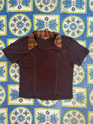 Vintage 1970s Brown Jersey Sporty Crop Top with Dagger Collar
