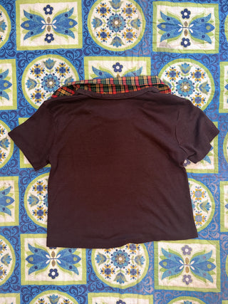 Vintage 1970s Brown Jersey Sporty Crop Top with Dagger Collar