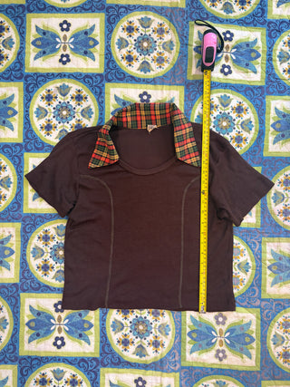 Vintage 1970s Brown Jersey Sporty Crop Top with Dagger Collar