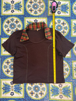 Vintage 1970s Brown Jersey Sporty Crop Top with Dagger Collar