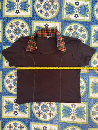 Vintage 1970s Brown Jersey Sporty Crop Top with Dagger Collar