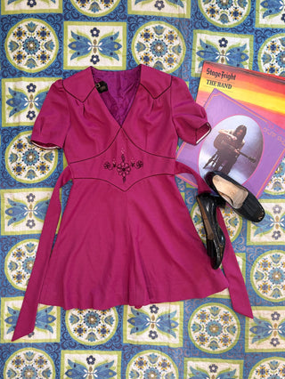 Vintage 1960s 1970s Magenta Pink Hippie Mini Dress