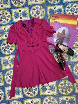 Vintage 1960s 1970s Magenta Pink Hippie Mini Dress