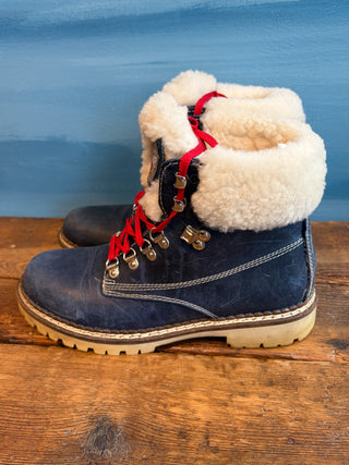 Vintage 2000s Y2K NIS Blue Leather and Shearling Hiking Boots