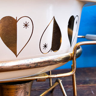 Vintage Mid-Century 1950s Pyrex Golden Hearts Casserole Dish with Double Candle Warmer 045