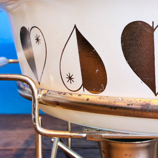 Vintage Mid-Century 1950s Pyrex Golden Hearts Casserole Dish with Double Candle Warmer 045