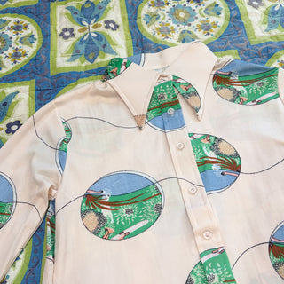 Vintage 1970s Whimsical Fairy Print Dagger Collar Button Up Polyester Disco Shirt