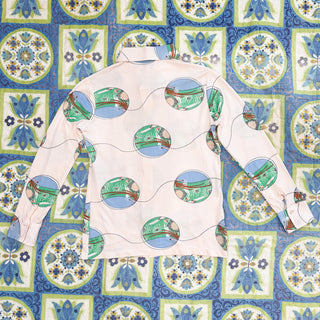 Vintage 1970s Whimsical Fairy Print Dagger Collar Button Up Polyester Disco Shirt