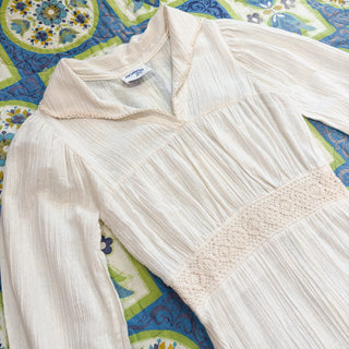 Vintage 1970s Pommy Jrs Boho Hippie Maxi Lace Linen Peasant Wedding Dress
