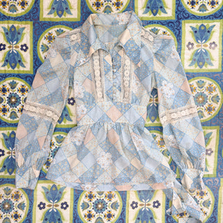 Vintage 1970s Handmade Faux Patchwork Hippie Dagger Collar Lace Peasant Top