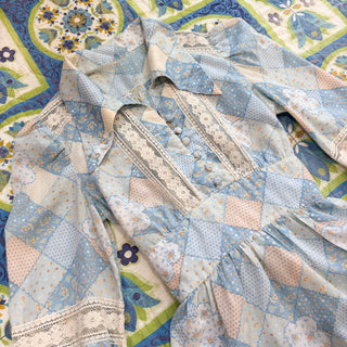 Vintage 1970s Handmade Faux Patchwork Hippie Dagger Collar Lace Peasant Top