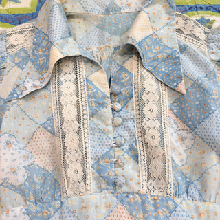 Vintage 1970s Handmade Faux Patchwork Hippie Dagger Collar Lace Peasant Top