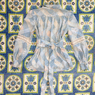 Vintage 1970s Handmade Faux Patchwork Hippie Dagger Collar Lace Peasant Top