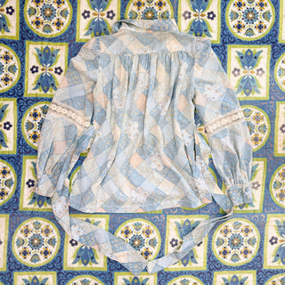 Vintage 1970s Handmade Faux Patchwork Hippie Dagger Collar Lace Peasant Top