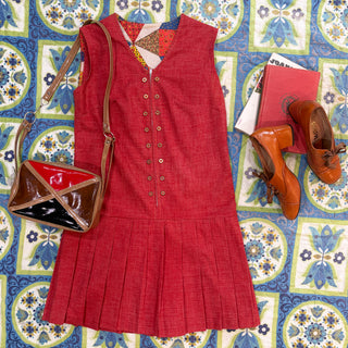 Vintage 1960s 1970s Shift Drop Waist Mod Red Zip Dress