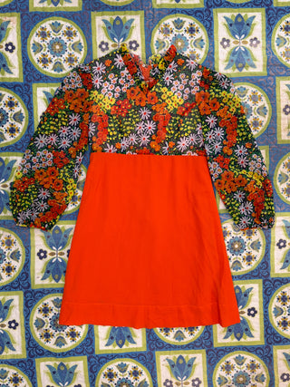 Vintage 1960s 1970s Mini Orange Florals Flowy Sleeves Garden Party Dress