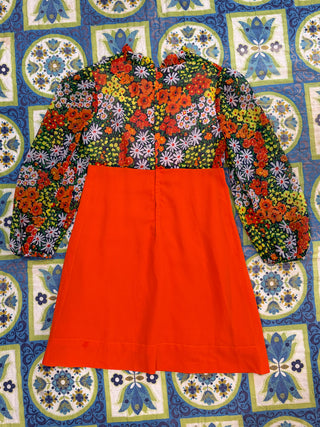 Vintage 1960s 1970s Mini Orange Florals Flowy Sleeves Garden Party Dress