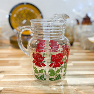 Vintage MCM 1960's Red Roses Glass Pitcher
