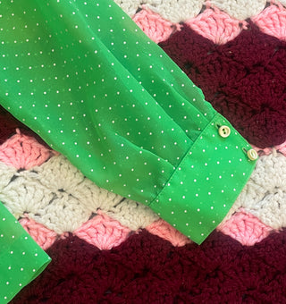 Vintage 1960s 1970s Dagger Collar Green with Polka Dots Women's Sheer Button Up Top