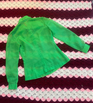 Vintage 1960s 1970s Dagger Collar Green with Polka Dots Women's Sheer Button Up Top
