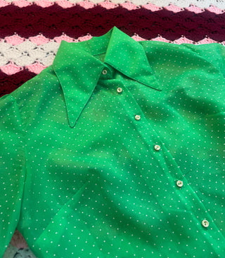 Vintage 1960s 1970s Dagger Collar Green with Polka Dots Women's Sheer Button Up Top