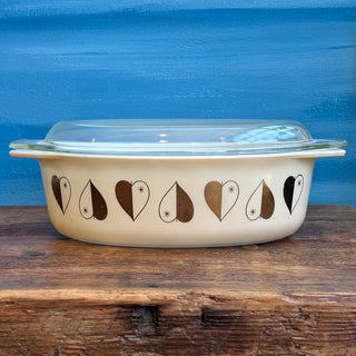 Vintage Mid-Century 1950s Pyrex Golden Hearts Casserole Dish with Double Candle Warmer 045